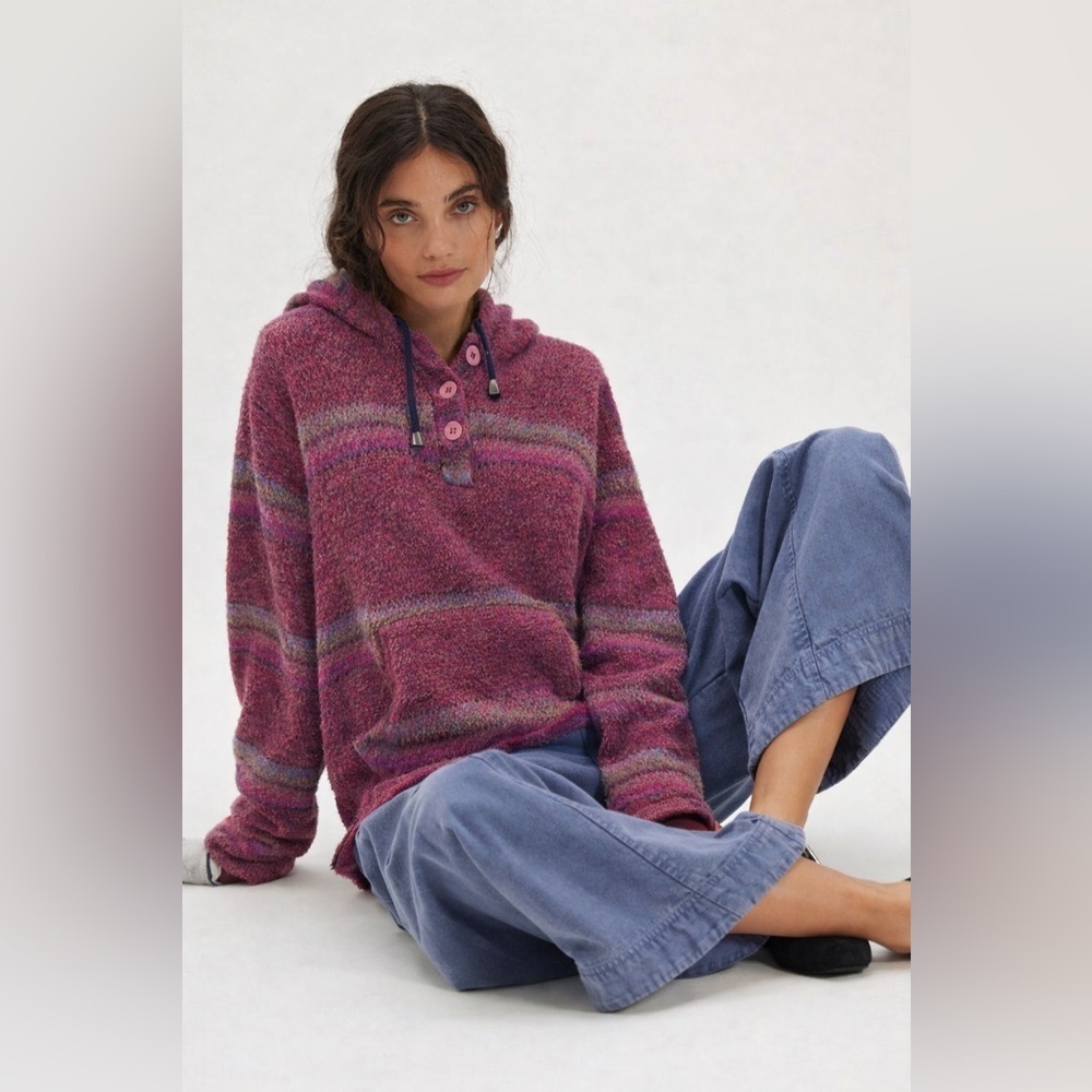 Style New York Baja Hoodie Sweater Brick Red Multicolor Knit Hooded Pullover
